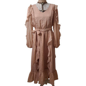 By the River tan belted ruffle midi dress size L